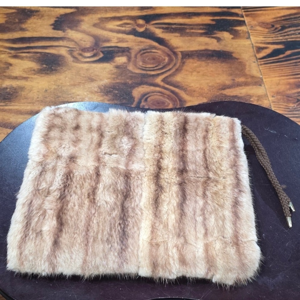 Vintage Real Fur Hand Muff Brown Velvet Back‎ Orange Satin Lining Zipper Pocket